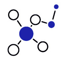 The image displays a stylized graphic of a molecular structure, featuring a central molecule with multiple circular elements connected by lines to it, against a white background.