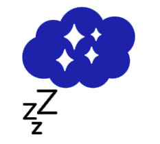 The image shows a stylized blue cloud with white stars and a small, simple depiction of a sleeping face on the right side.