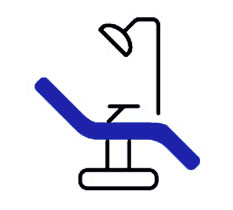 The image displays a stylized icon of a dental chair with an accompanying blue bench, suggesting that the chair is for use by a dental professional.